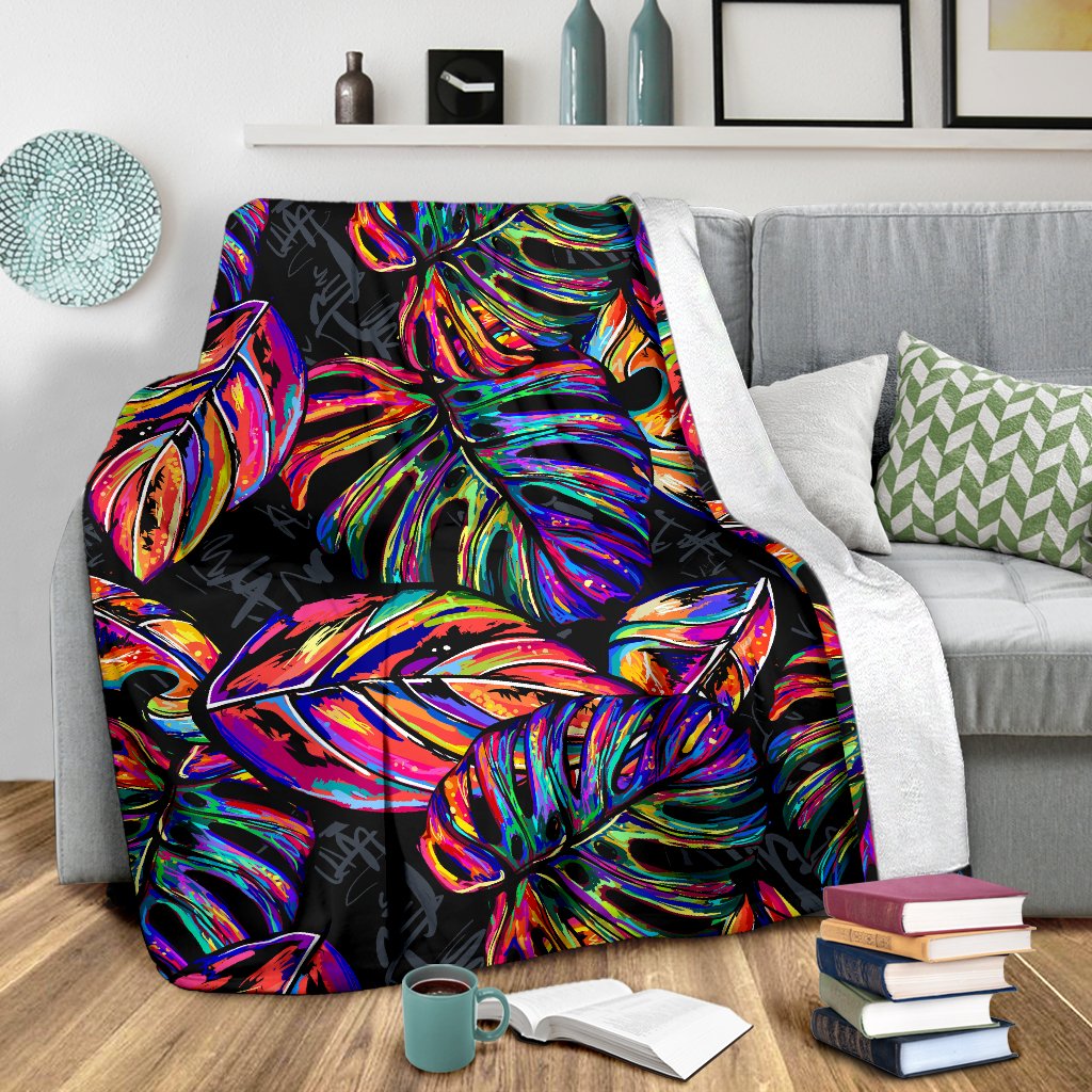 Neon Color Tropical Palm Leaves Fleece Blanket
