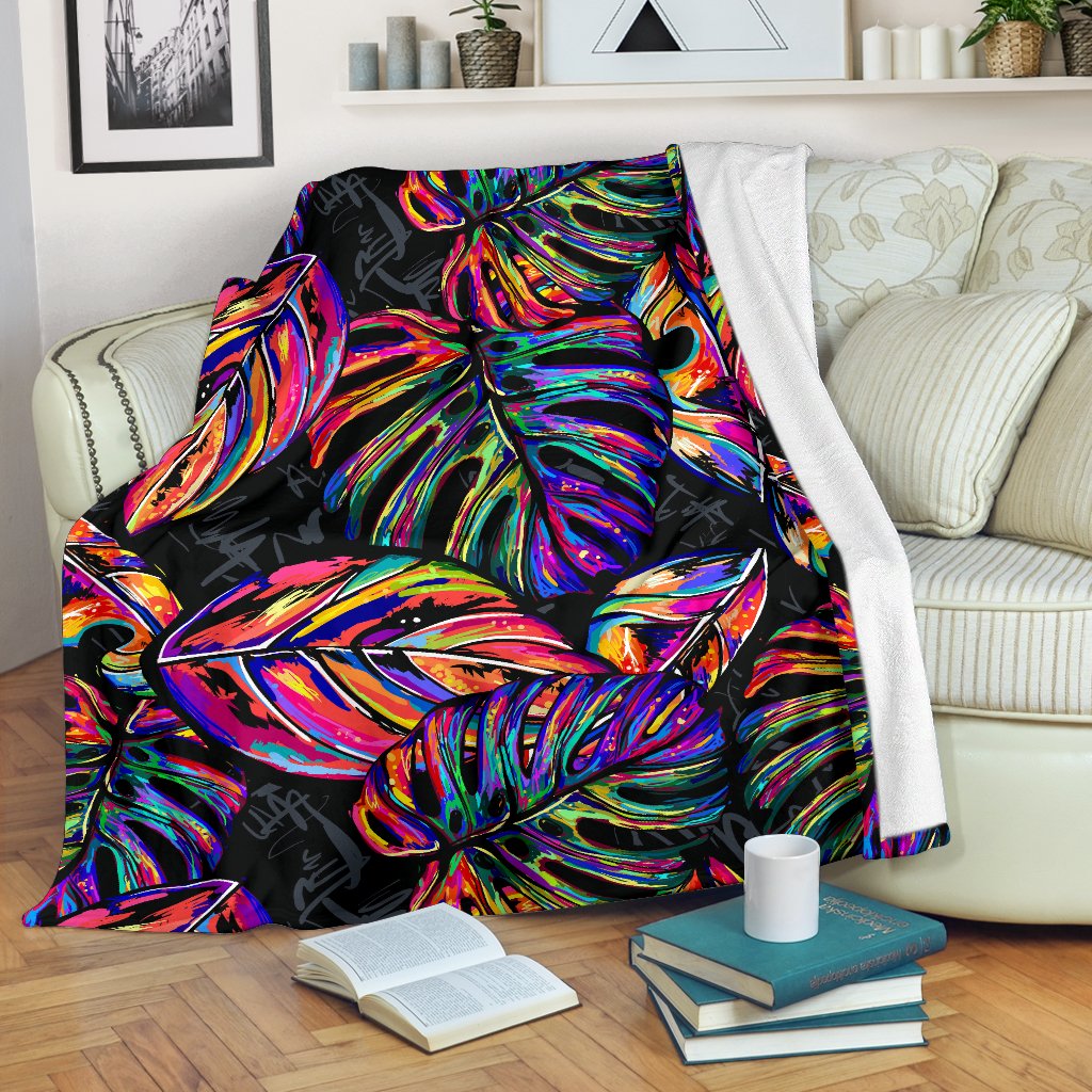 Neon Color Tropical Palm Leaves Fleece Blanket