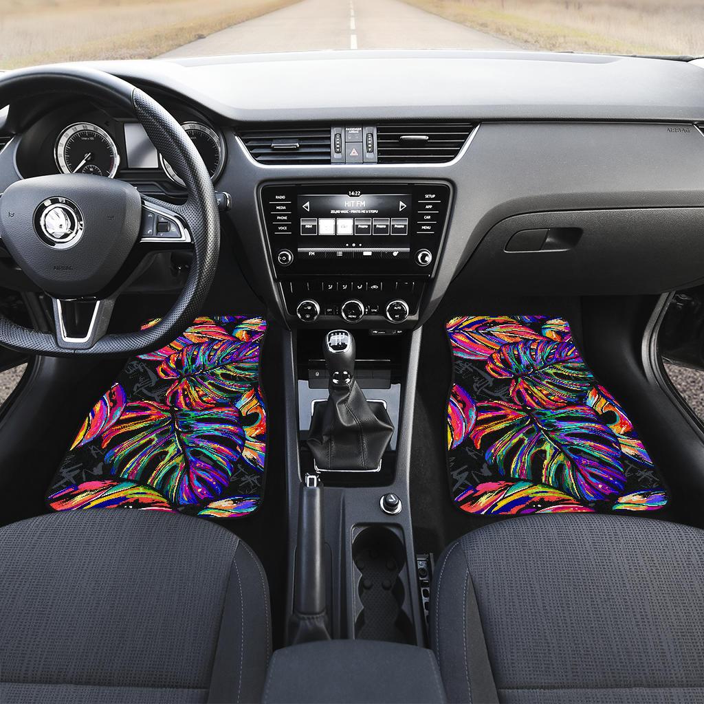 Neon Color Tropical Palm Leaves Front and Back Car Floor Mats