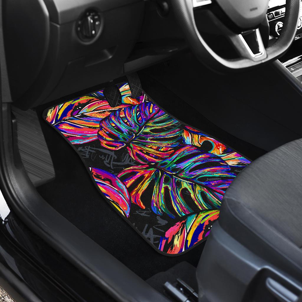 Neon Color Tropical Palm Leaves Front and Back Car Floor Mats