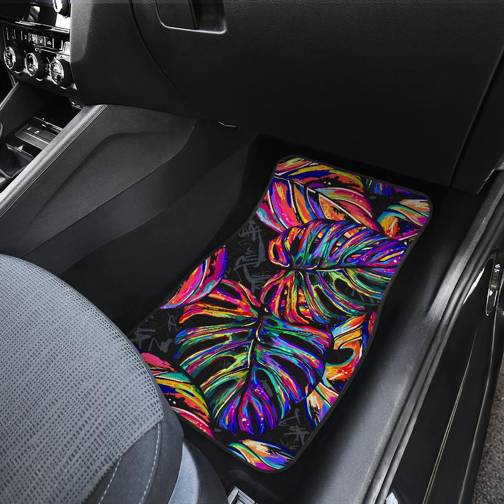 Neon Color Tropical Palm Leaves Front and Back Car Floor Mats
