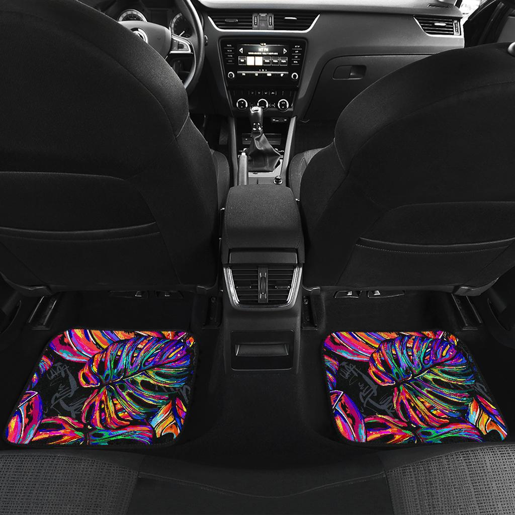 Neon Color Tropical Palm Leaves Front and Back Car Floor Mats