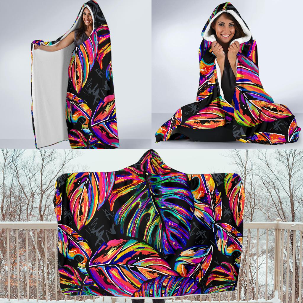 Neon Color Tropical Palm Leaves Hooded Blanket-JORJUNE.COM