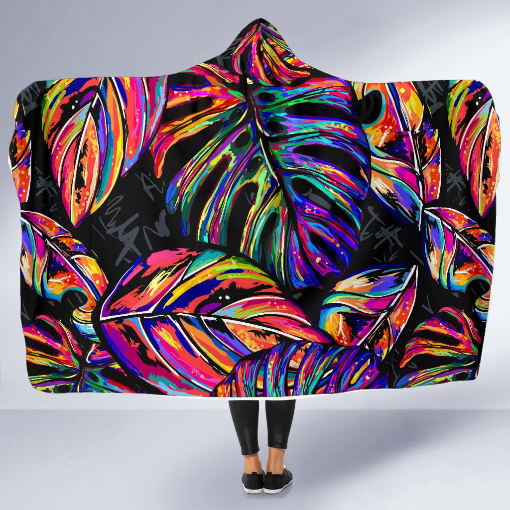 Neon Color Tropical Palm Leaves Hooded Blanket-JORJUNE.COM