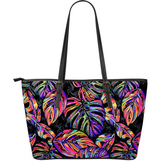 Neon Color Tropical Palm Leaves Large Leather Tote Bag