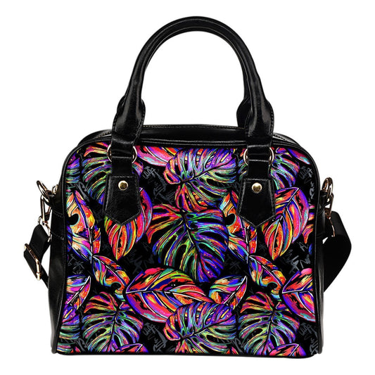 Neon Color Tropical Palm Leaves Leather Shoulder Handbag