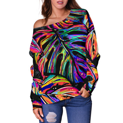 Neon Color Tropical Palm Leaves Off Shoulder Sweatshirt