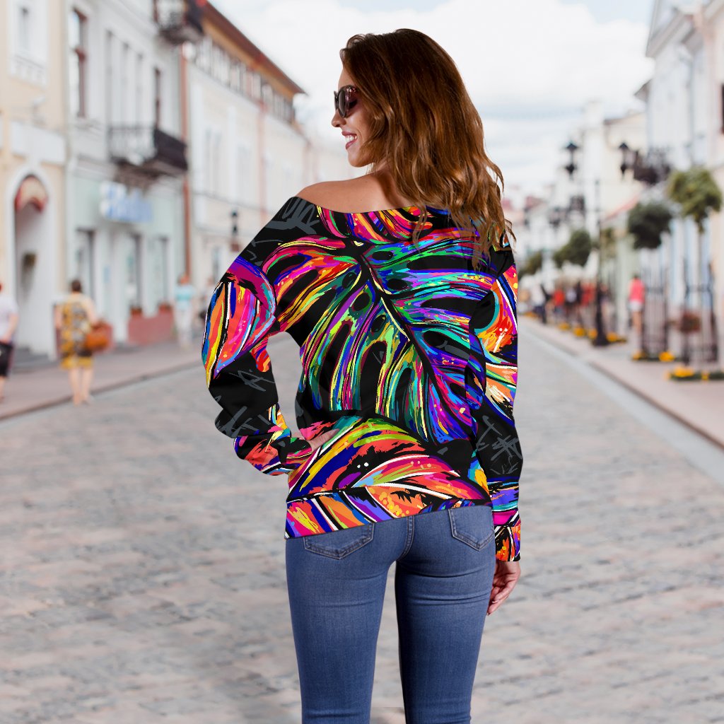 Neon Color Tropical Palm Leaves Off Shoulder Sweatshirt