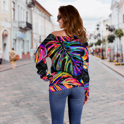 Neon Color Tropical Palm Leaves Off Shoulder Sweatshirt