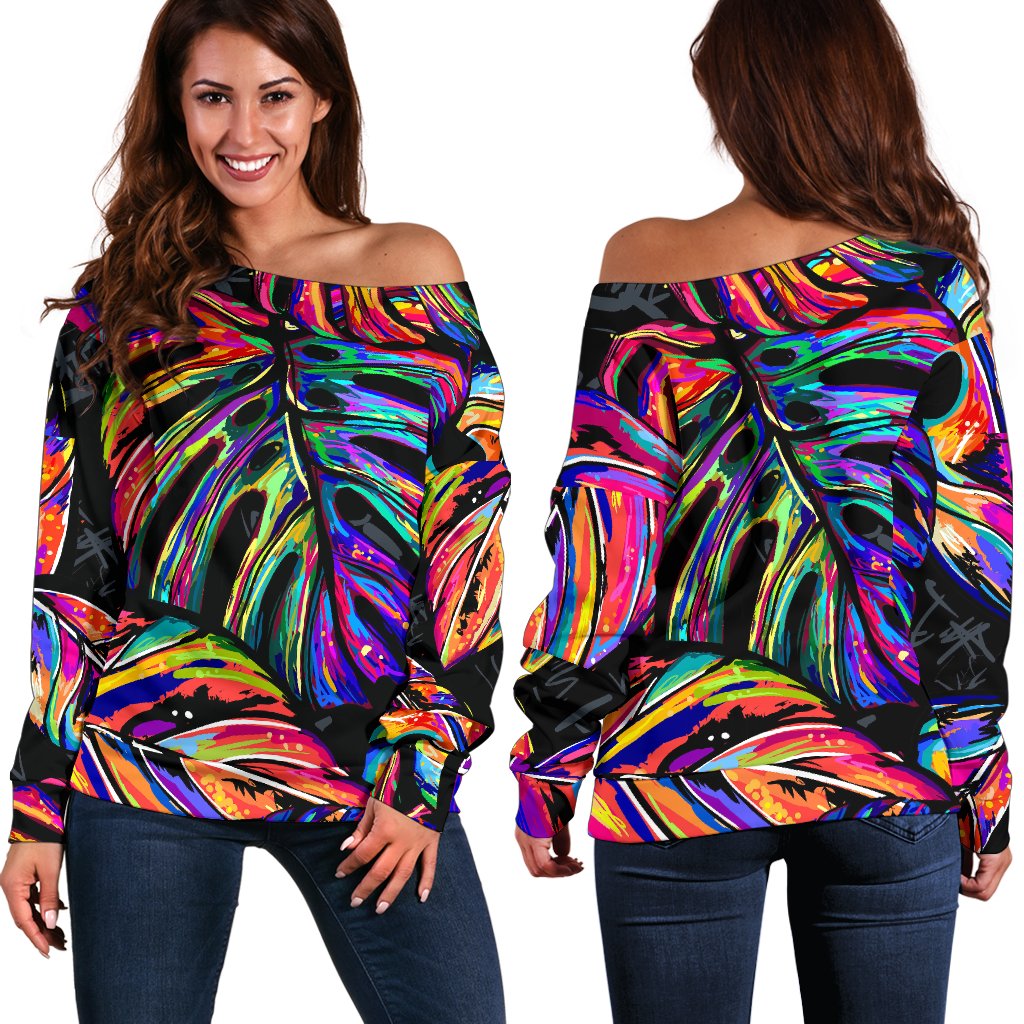 Neon Color Tropical Palm Leaves Off Shoulder Sweatshirt