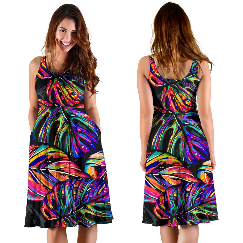 Neon Color Tropical Palm Leaves Sleeveless Mini Dress