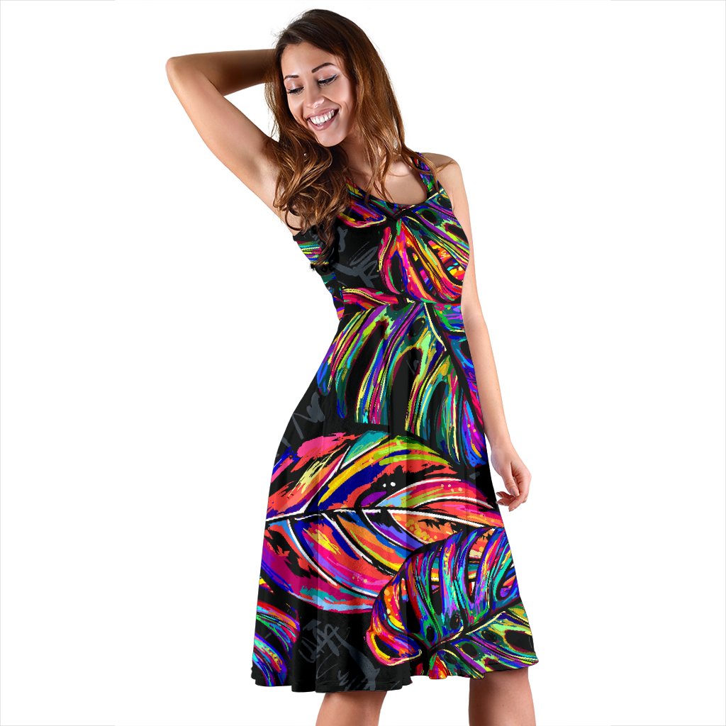 Neon Color Tropical Palm Leaves Sleeveless Mini Dress