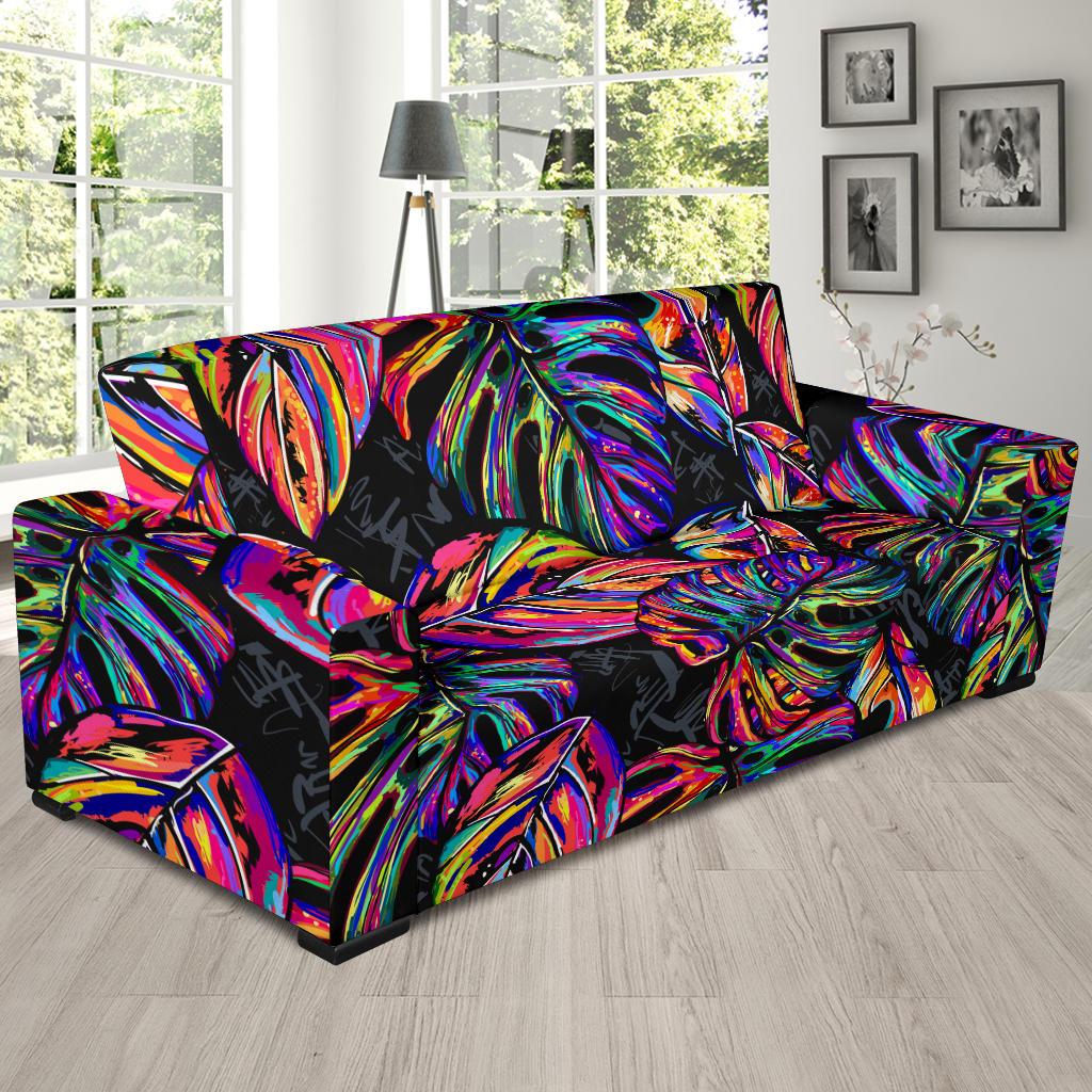 Neon Color Tropical Palm Leaves Sofa Slipcover-JORJUNE.COM