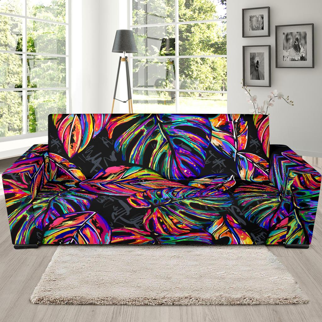Neon Color Tropical Palm Leaves Sofa Slipcover-JORJUNE.COM