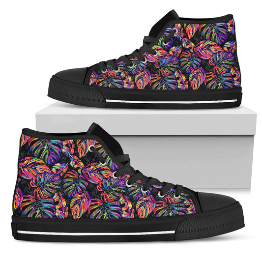 Neon Color Tropical Palm Leaves Women High Top Canvas Shoes