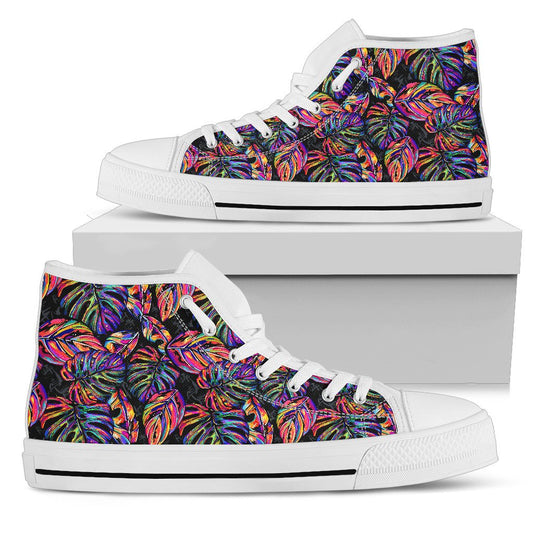 Neon Color Tropical Palm Leaves Women High Top Canvas Shoes