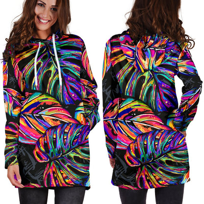 Neon Color Tropical Palm Leaves Women Hoodie Dress