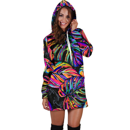 Neon Color Tropical Palm Leaves Women Hoodie Dress