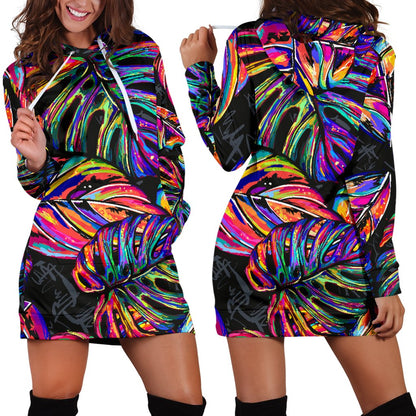 Neon Color Tropical Palm Leaves Women Hoodie Dress