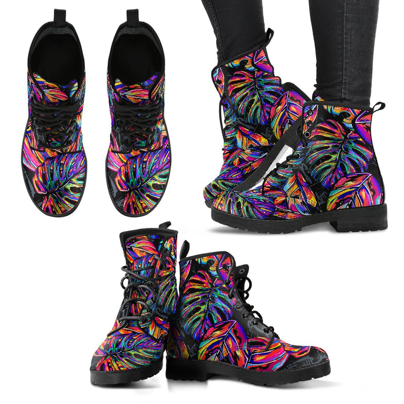 Neon Color Tropical Palm Leaves Women Leather Boots