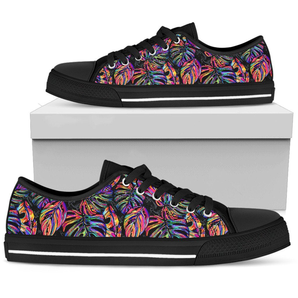 Neon Color Tropical Palm Leaves Women Low Top Canvas Shoes