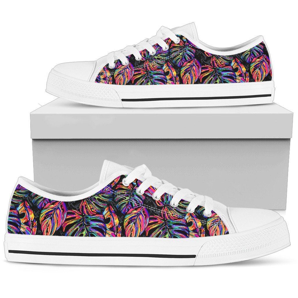 Neon Color Tropical Palm Leaves Women Low Top Canvas Shoes