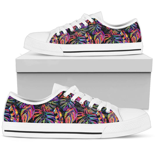 Neon Color Tropical Palm Leaves Women Low Top Canvas Shoes