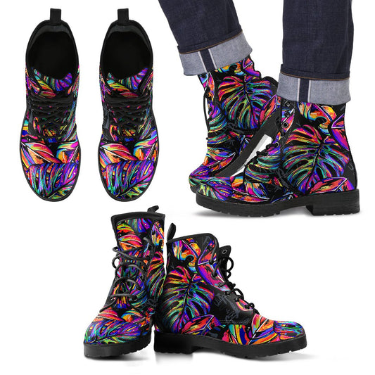 Neon Color Tropical Palm Leaves Women & Men Leather Boots