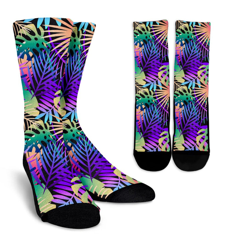 Neon Flower Tropical Palm Leaves Crew Socks