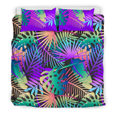 Neon Flower Tropical Palm Leaves Duvet Cover Bedding Set