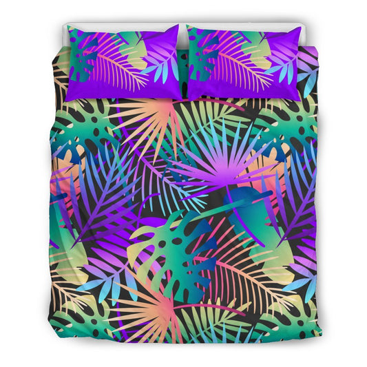 Neon Flower Tropical Palm Leaves Duvet Cover Bedding Set