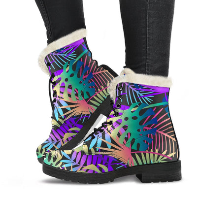 Neon Flower Tropical Palm Leaves Faux Fur Leather Boots