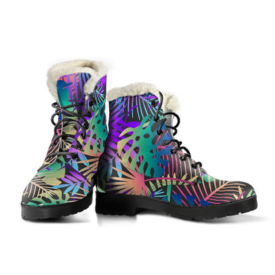 Neon Flower Tropical Palm Leaves Faux Fur Leather Boots