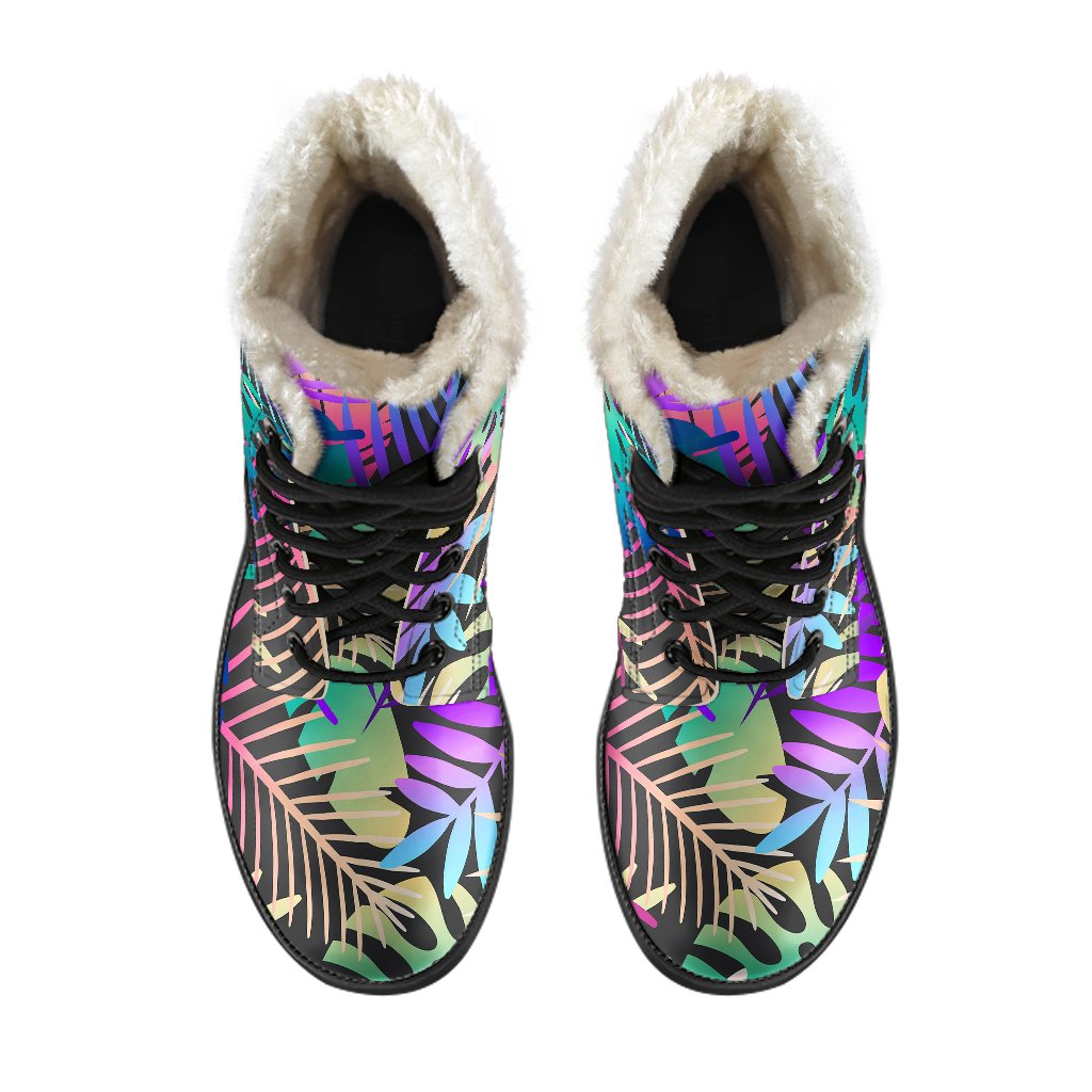 Neon Flower Tropical Palm Leaves Faux Fur Leather Boots