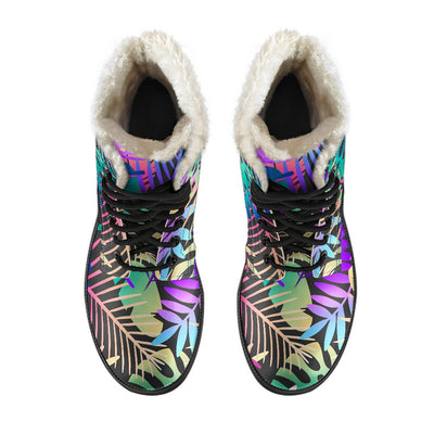 Neon Flower Tropical Palm Leaves Faux Fur Leather Boots