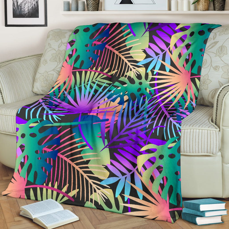 Neon Flower Tropical Palm Leaves Fleece Blanket