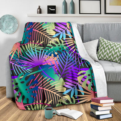 Neon Flower Tropical Palm Leaves Fleece Blanket