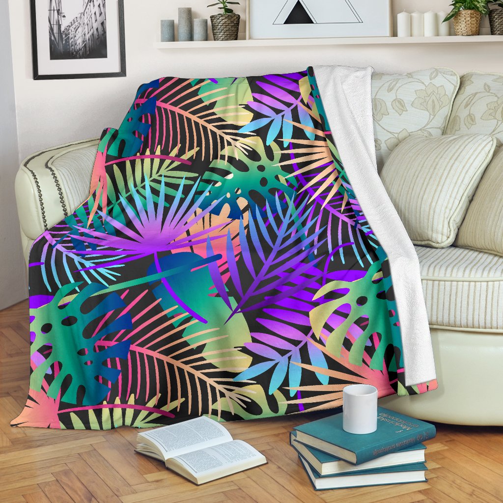 Neon Flower Tropical Palm Leaves Fleece Blanket