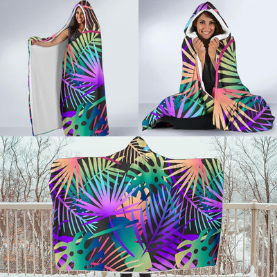 Neon Flower Tropical Palm Leaves Hooded Blanket-JORJUNE.COM