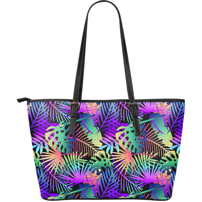 Neon Flower Tropical Palm Leaves Large Leather Tote Bag