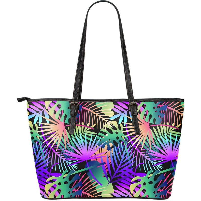 Neon Flower Tropical Palm Leaves Large Leather Tote Bag