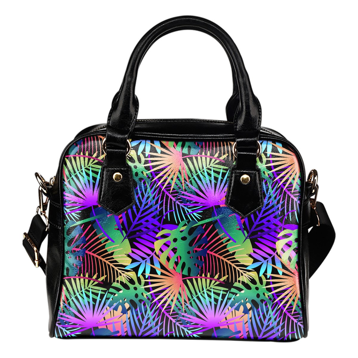 Neon Flower Tropical Palm Leaves Leather Shoulder Handbag