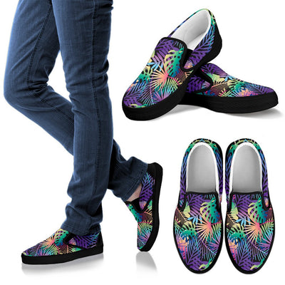 Neon Flower Tropical Palm Leaves Men Canvas Slip On Shoes