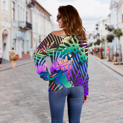 Neon Flower Tropical Palm Leaves Off Shoulder Sweatshirt