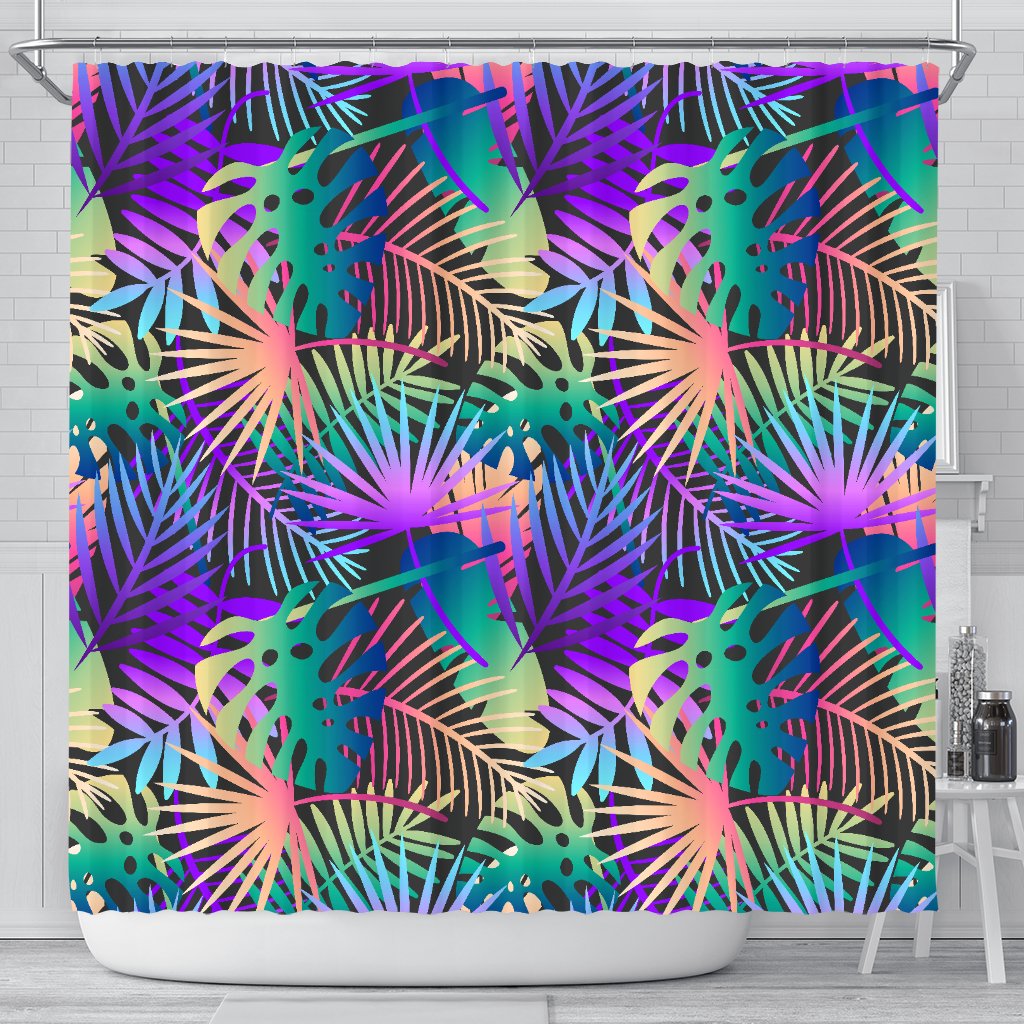 Neon Flower Tropical Palm Leaves Shower Curtain
