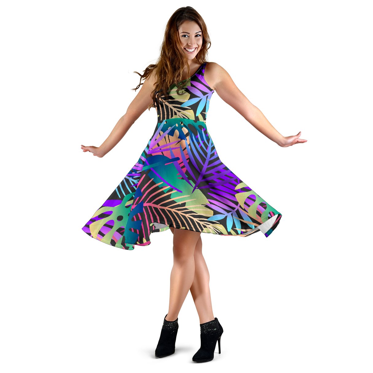 Neon Flower Tropical Palm Leaves Sleeveless Mini Dress