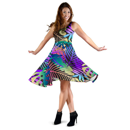 Neon Flower Tropical Palm Leaves Sleeveless Mini Dress