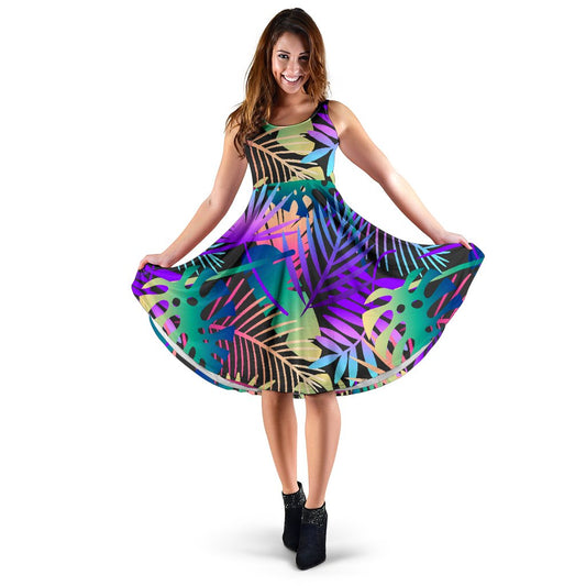 Neon Flower Tropical Palm Leaves Sleeveless Mini Dress