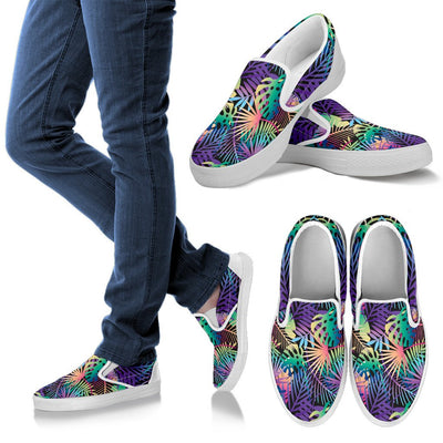 Neon Flower Tropical Palm Leaves Women Canvas Slip On Shoes