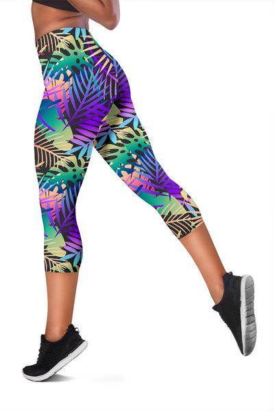 Neon Flower Tropical Palm Leaves Women Capris